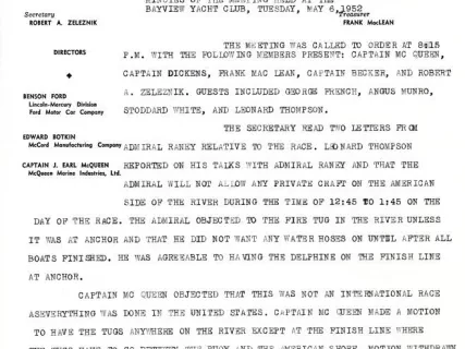 Minutes - Minutes of the Meeting Held at the Bayview Yacht Club, Tuesday, May 6, 1952