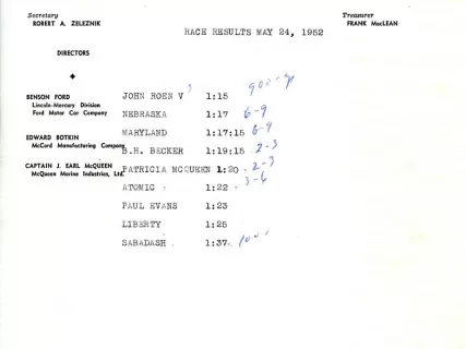 Announcement - Race Results, May 24, 1952