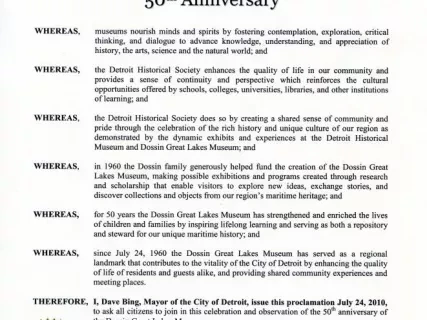 Certificate, Commemorative - Proclamation
Dossin Great Lakes Musuem's 50th Anniversary