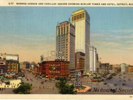 Postcard - Monroe Avenue And Cadillac Square Showing Barlum Tower And Hotel, Detroit, Mich.