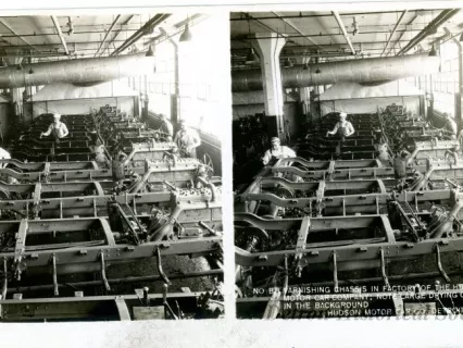 Stereograph - Varnishing Chassis In Factory Of The Hudson Motor Car Company; Note Large Drying Ovens In The Background, Hudson Motor Car Co, Detroit, USA