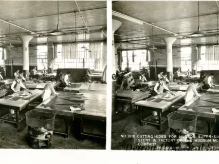 Stereograph - Cutting Hides For Hudson Super-Six Upholstery In Factory Of The Hudson Motor Car Company In The Background, Hudson Motor Car Co, Detroit, USA