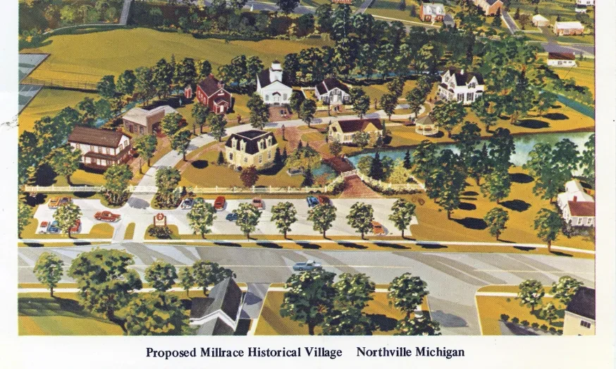 Aerial illustration of a proposed historical village with various buildings, roads, and trees, labeled Northville, Michigan.
