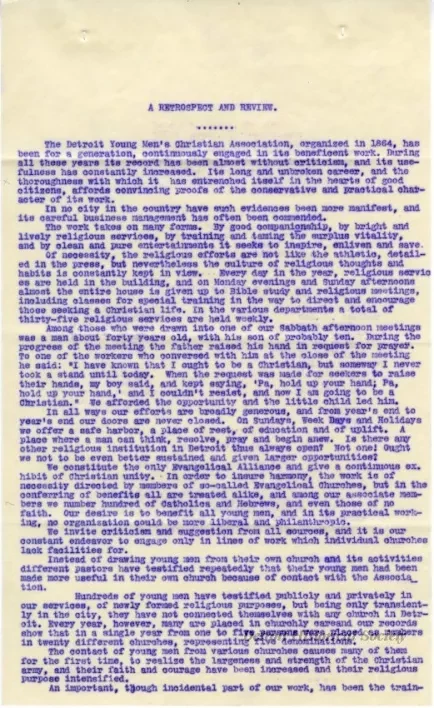 Letter - A Retrospect - Detroit Young Men's Christian Association