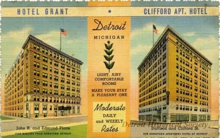 Postcard - Hotel Grant, Clifford Apt. Hotel, Detroit, Michigan