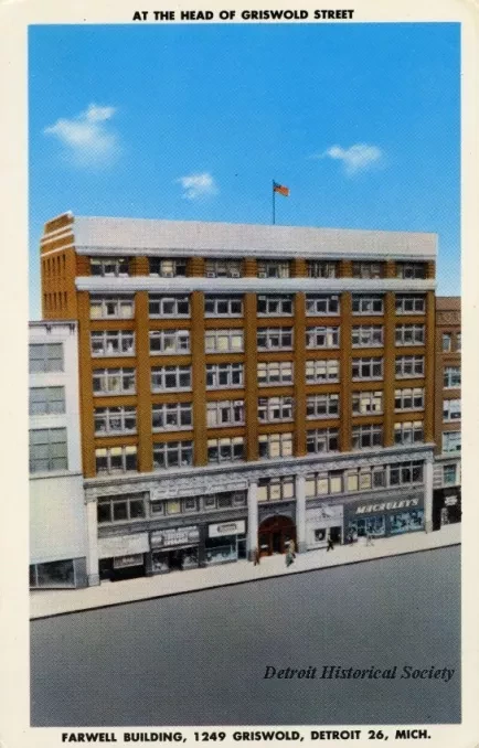 Postcard - Farwell Building, 1249 Griswold, Detroit 26, Mich.
At the Head of Griswold Street.