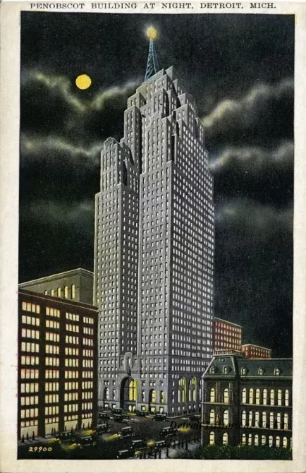 Postcard - Penobscot Building at Night, Detroit, Mich.