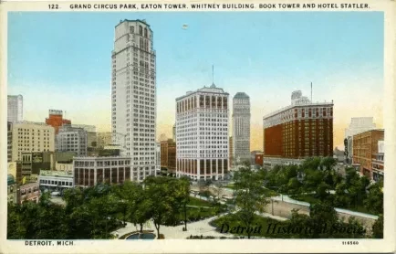 Postcard - Grand Circus Park, Eaton Tower, Whitney Building, Book Tower and Hotel Statler, Detroit, Mich.