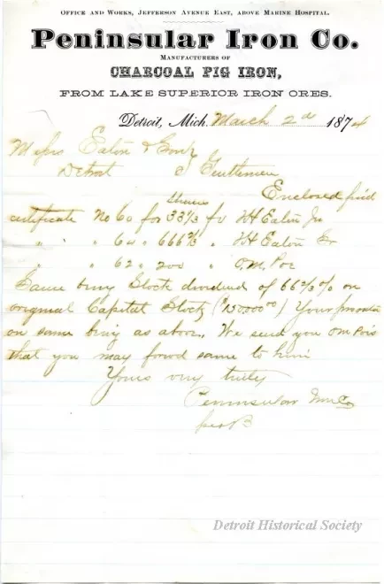 Letter - Peninsular Iron Company