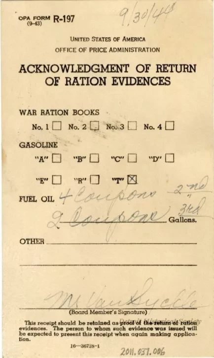 Postcard - Acknowledgment of Return of Ration Evidences
