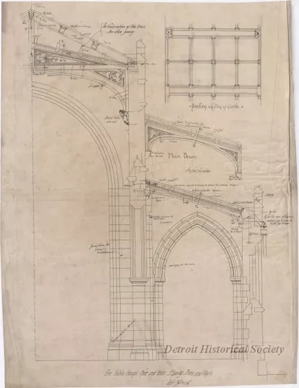 Drawing, Architectural - Cross Section Through Nave and Aisles Showing Truss and Roofs,
Transept Window