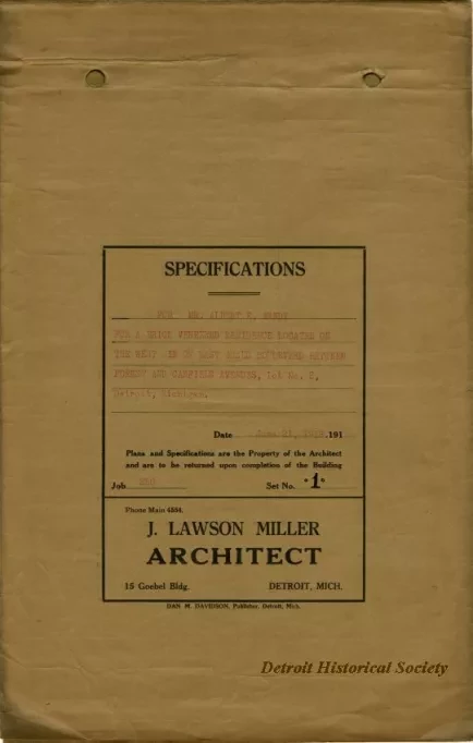 Specification - Specifications for Mr. Albert E. Arndt for a Solid Brick Veneered Residence Located on the West Side of East Grand Boulevard Between Forest and Canfield Avenues, Lot No. 2, Detroit, Michigan.