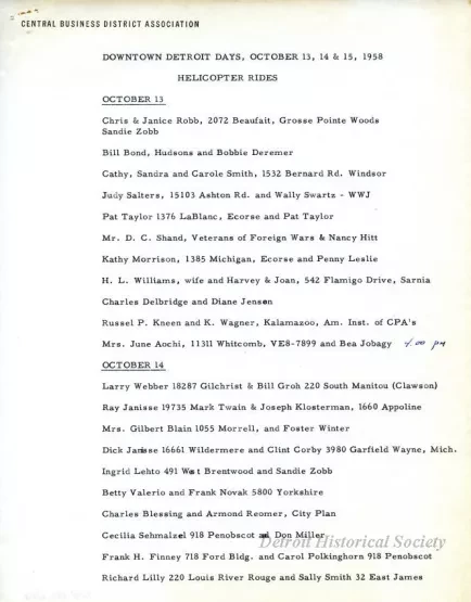 Schedule - Downtown Detroit Days, October 13, 14, & 15, 1958
Helicopter Rides