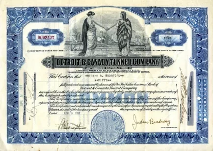 Certificate, Stock - Detroit & Canada Tunnel Company