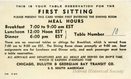 Card, Meal - First Sitting