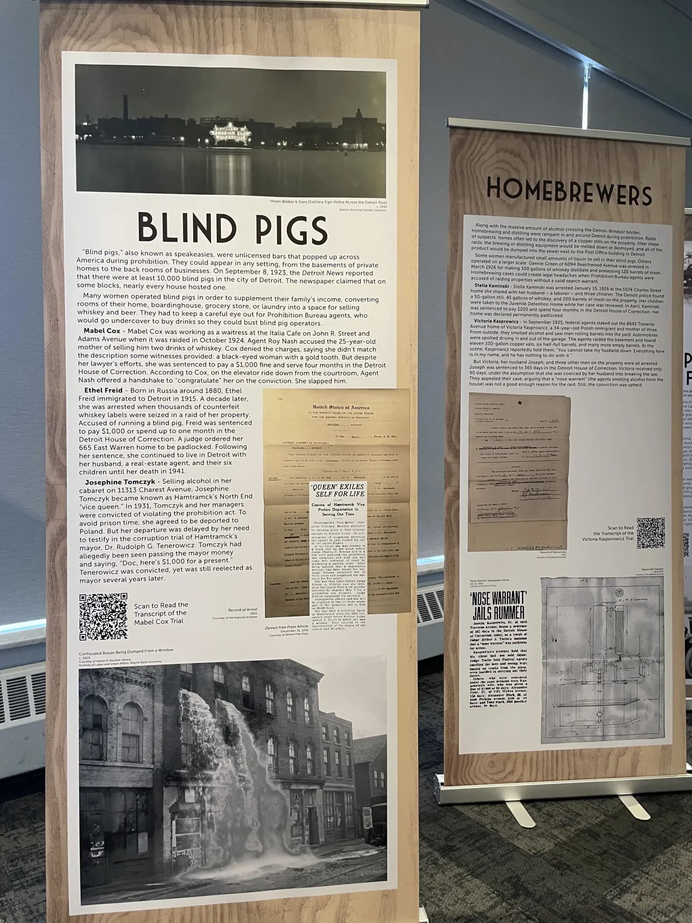 Exhibit panels with historical text and monochrome photos titled "Blind Pigs" and "Homebrewers."