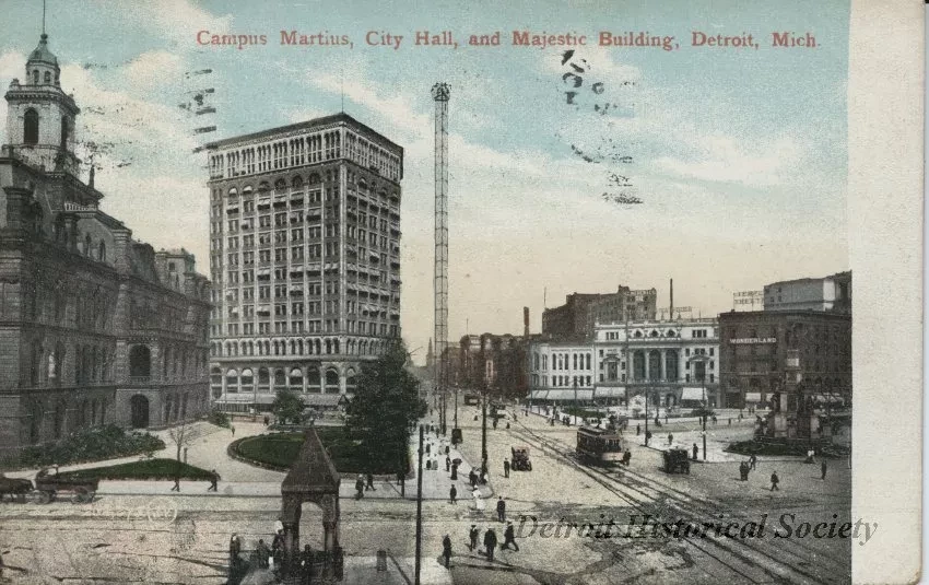 Postcard - Campus Martius, City Hall, and Majestic Building, Detroit, Mich.