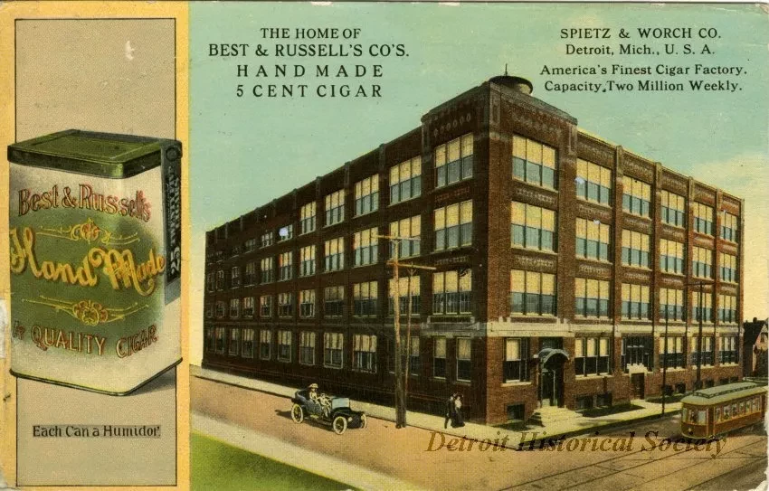 Postcard - Spietz & Worch Co. Detroit, Mich., U.S.A.
America's Finest Cigar Factory. Capacity Two Million Weekly.