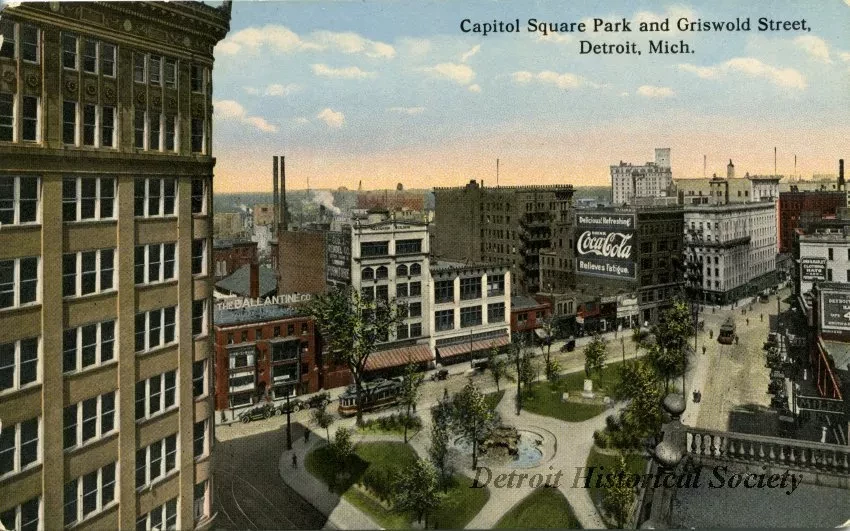 Postcard - Capitol Square Park and Griswold Street, Detroit, Mich.