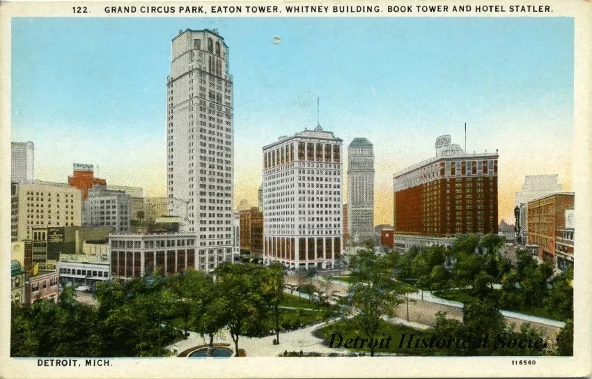 Postcard - Grand Circus Park, Eaton Tower, Whitney Building, Book Tower and Hotel Statler, Detroit, Mich.