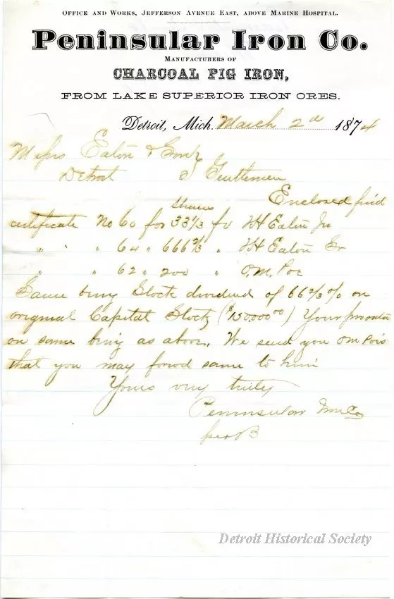 Letter - Peninsular Iron Company