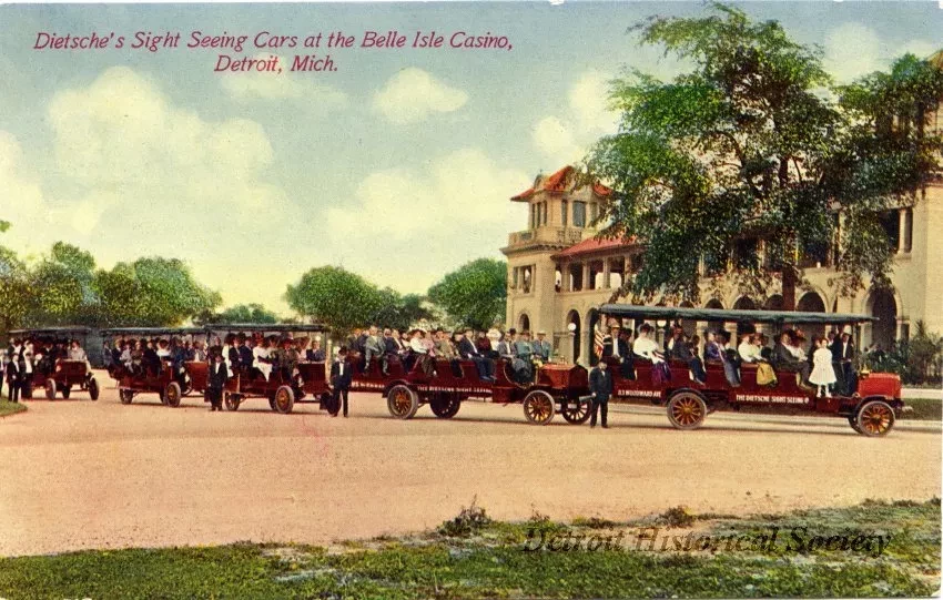 Postcard - Dietsche's Sight Seeing cars at the Belle Isle Casino, Detroit, Mich.
