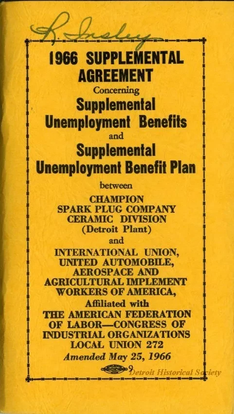 Agreement - 1966 Supplemental Agreement Concerning Supplemental Unemployment Benefits and Supplemental Unemployment Benefit Plan between Champion Spark Plug Company Ceramic Division (Detroit Plant) and International Union, United Automobile, Aerospace [..