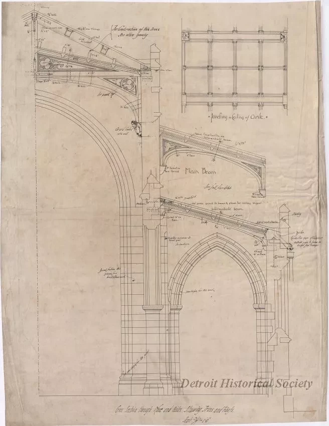 Drawing, Architectural - Cross Section Through Nave and Aisles Showing Truss and Roofs,
Transept Window