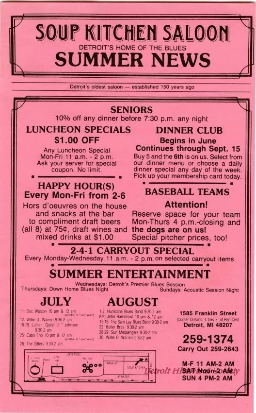 Flier - Soup Kitchen Saloon, Detroit's Home of the Blues, Summer News