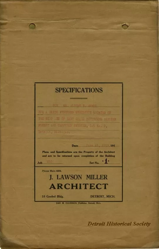 Specification - Specifications for Mr. Albert E. Arndt for a Solid Brick Veneered Residence Located on the West Side of East Grand Boulevard Between Forest and Canfield Avenues, Lot No. 2, Detroit, Michigan.