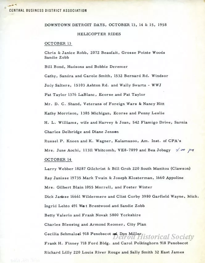 Schedule - Downtown Detroit Days, October 13, 14, & 15, 1958
Helicopter Rides