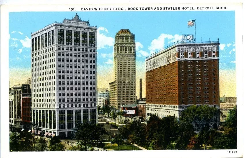 Postcard - David Whitney Bldg., Book Tower and Statler Hotel, Detroit Mich.