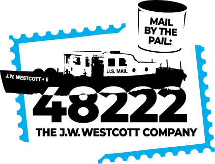 Black logo with bold, white text and blue border hinting a stamp shape.