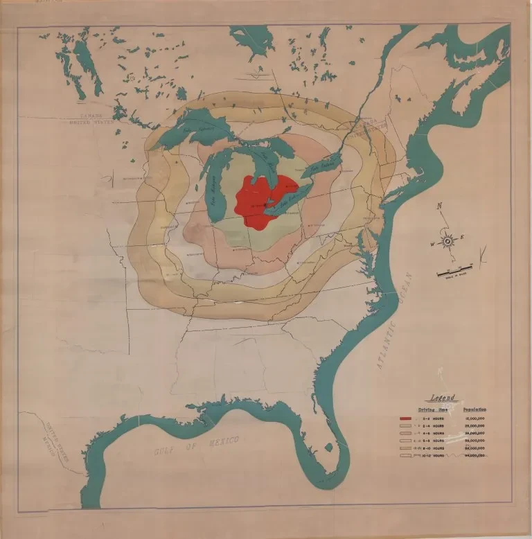 Colored map of the U.S. showing distance bands from the Great Lakes region, with teal, beige, and red zones.