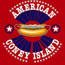 Hot dog logo with "American Coney Island" text, red background with stars.